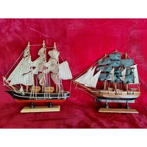 Pair of Model Sail Boats Wooden Ships Sails Flags **VINTAGE**